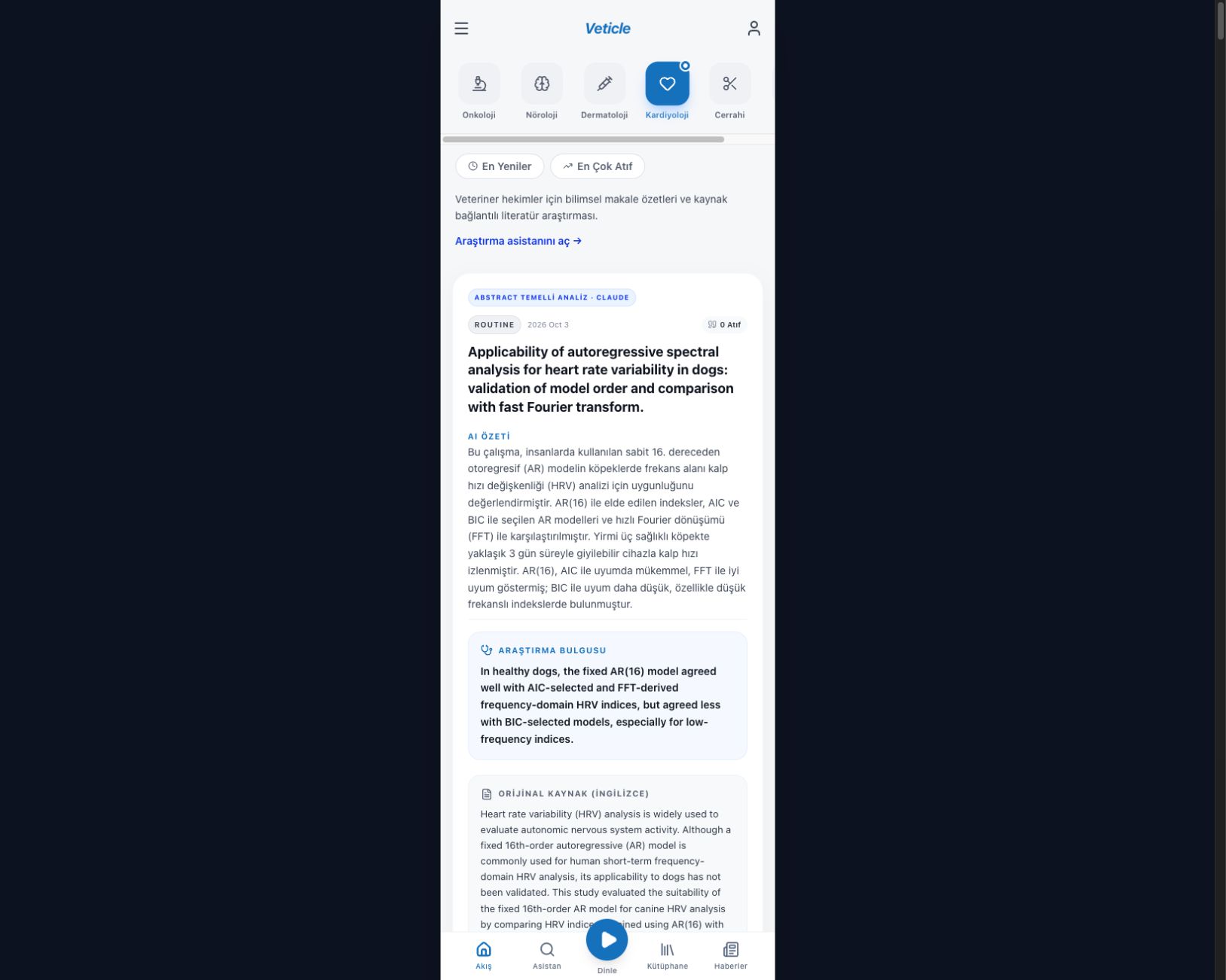Actual Veticle private MVP screen showing a Claude-assisted Turkish summary and research finding for a study on heart rate variability in dogs.